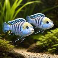 Two representative Cobue Afra cichlids showing blue barring and yellow-gold head colour in a planted aquarium - view 3