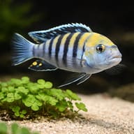 Cobue Afra cichlid above pale sand and low plants, showing a yellow-gold upper body and vertical barring - view 5