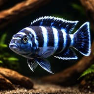 Demasoni cichlid (Chindongo demasoni) with blue and dark vertical bars beside aquarium driftwood — representative image - view 1