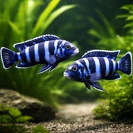 Demasoni Cichlid — Two blue-and-dark barred Demasoni cichlids swimming in a planted aquarium — representative image - view 2
