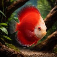 Illustration of a Super Red Melon Discus with vivid red body and pale face in a planted driftwood aquarium - view 1