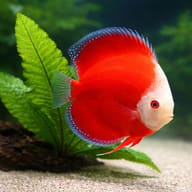 Illustration of a Super Red Melon Discus beside a broad aquarium plant leaf - view 4