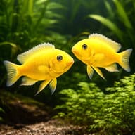 Daktari Cichlid — Two yellow Daktari Mbuna in a representative aquarium scene - view 2
