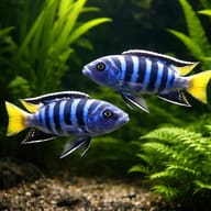 Slender Pseudotropheus, Elongate mbu (Pseudotropheus elongatus) pair in a planted aquarium - view 2