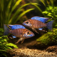 Ethelwynn's Peacock Cichlid (Aulonocara ethelwynnae) pair over sand and rocks — representative image - view 2
