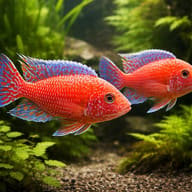 Aulonocara sp. firefish pair in a planted aquarium - view 2