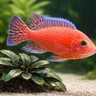 Aulonocara sp. firefish close view beside an aquarium plant - view 4