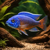 Ngara Peacock Cichlid in a rock and sand Malawi aquarium scene — representative image - view 2