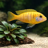 Pseudotropheus flavus close view beside an aquarium plant - view 4