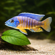 Fort Maguire Peacock (Aulonocara hansbaenschi) Cichlid with rockwork and sand for scale — representative image - view 4