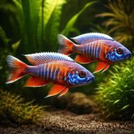 Freiberg's Peacock Cichlid (Aulonocara jacobfreibergi) pair over open sand — representative image - view 2