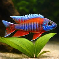 Freiberg's Peacock Cichlid (Aulonocara jacobfreibergi) side profile with rocky shelter — representative image - view 4