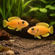 Illustrative scene of two Gold Ocellatus Shell-Dwellers in a planted aquarium - view 2