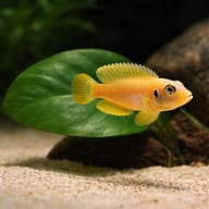 Illustrative Gold Ocellatus Shell-Dweller (Neolamprologus ocellatus) beside a broad aquarium leaf — representative image - view 4