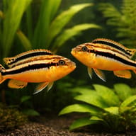 Golden Mbuna Auratus Cichlids among rock shelters - view 2