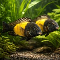 Tropheus moorii ikola pair in a planted aquarium - view 2
