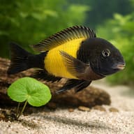 Tropheus moorii ikola close view beside an aquarium plant - view 4
