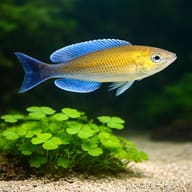 Katete Jumbo Sardine Cichlid (Cyprichromis leptosoma) close view beside an aquarium plant - view 4