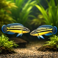 Representative illustration of two Striped Julie Kipili cichlids above pale sand and aquarium plants - view 2