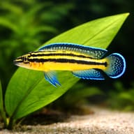 Representative Striped Julie Kipili beside an aquarium leaf; the leaf is not a size scale - view 4