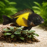 Representative Kiriza Tropheus beside aquarium plants and wood - view 4
