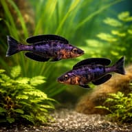 Kiriza Smallscale Cyprichromis (Cyprichromis microlepidotus) males displaying in a group — representative image - view 2