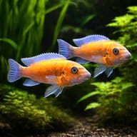 Scrapemouth mbuna Chilumba (Labeotropheus trewavasae chilumba) pair in a planted aquarium - view 2