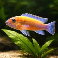 Scrapemouth mbuna Chilumba (Labeotropheus trewavasae chilumba) close view beside an aquarium plant - view 4