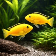Yellow Lab Malawi Cichlid (Labidochromis caeruleus) — Yellow Lab Cichlids moving through rockwork — representative image - view 2