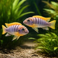 Hongi Cichlid — Two Hongi Cichlids with blue barred bodies and orange-red dorsal colour — representative image - view 2