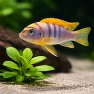 Close view of Hongi Cichlid scales, fins and orange dorsal edge near plants — representative image - view 4