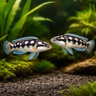 Masked Julie Gombi (Julidochromis transcriptus gombi) pair in a planted aquarium - view 2