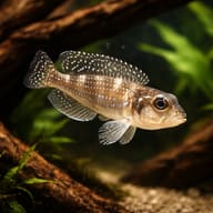 Spotted Meleagris Shell-Dweller (Neolamprologus stappersi) swimming above aquarium sand and driftwood — representative image - view 1