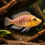 Mutondwe Compressiceps with a golden face and pale spots swimming among dark wood - view 1