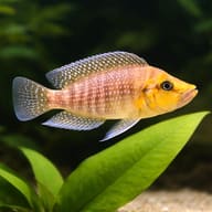 Mutondwe Compressiceps swimming above broad green aquarium leaves - view 4