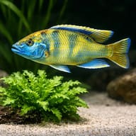 Venustus (Haplochromis venustus) close view beside an aquarium plant - view 4