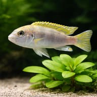 Labidochromis sp. perlmutt close view beside an aquarium plant - view 4