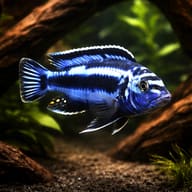 Maingano cichlid (Pseudotropheus cyaneorhabdos) with electric-blue horizontal stripes beside driftwood — representative image - view 1
