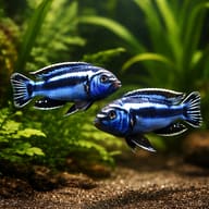 Maingano Cichlid (Pseudotropheus cyaneorhabdos) — Two Maingano cichlids showing blue horizontal striping in an aquarium - view 2