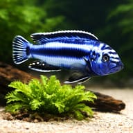 Blue-striped Maingano cichlid (Pseudotropheus cyaneorhabdos) swimming above aquarium plants and wood — representative image - view 4