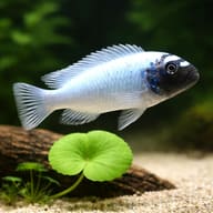 Pseudotropheus polit close view beside an aquarium plant - view 4