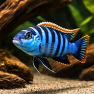 Representative Red Dorsal dogtooth-type cichlid in a rocky aquarium - view 1