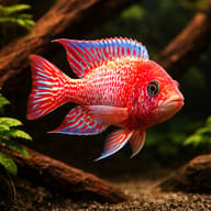 Representative illustration of a red-orange adult Red Dragon hybrid peacock cichlid; colour varies — representative image - view 1