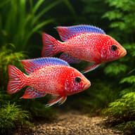 Red Dragon Peacock Cichlid — Representative illustration of two Red Dragon hybrid peacocks - view 2