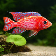 Representative aquarium illustration of a Red Dragon hybrid peacock; not its natural Malawi habitat — representative image - view 4