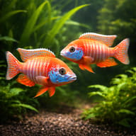 Red Pecock Cichlid (Aulonocara sp. red) pair in a planted aquarium - view 2