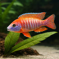 Red Pecock Cichlid (Aulonocara sp. red) close view beside an aquarium plant - view 4