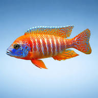Red Pecock Cichlid (Aulonocara sp. red) side profile on a plain background - view 3