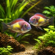 Red Rainbow Tropheus group grazing near rockwork — representative image - view 2