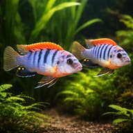 Two Red Top Hongi Cichlids in a planted rocky aquarium - illustration; one fish is supplied per quantity - view 2